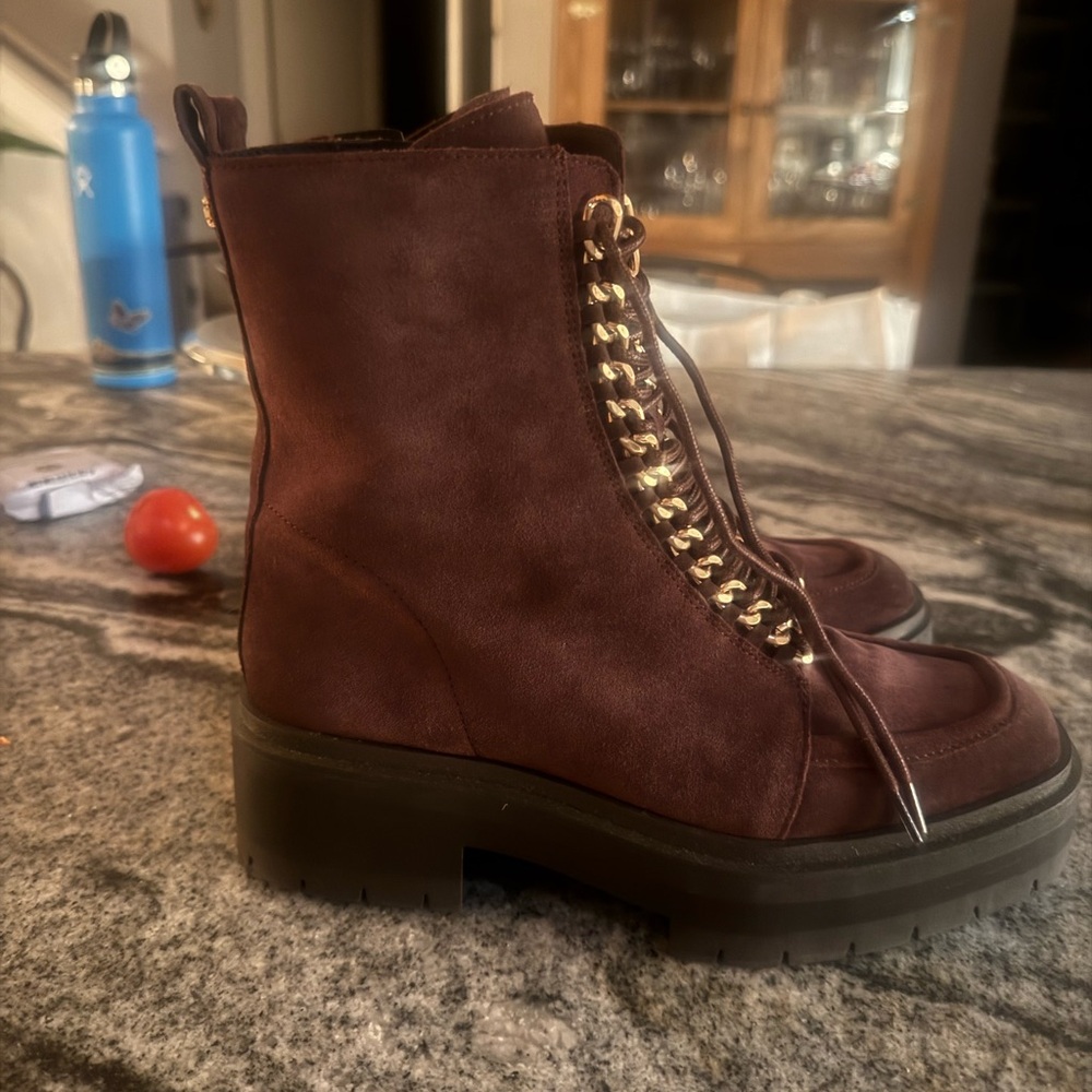 Sam Edelman Plum Suede Lace-Up Boots with Gold Accents - Picture 4 of 6